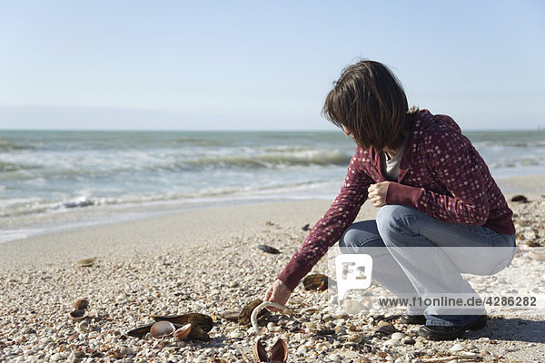 Woman collecting seashells at the beach