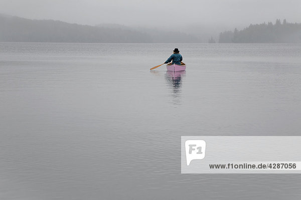 Senior woman canoeing solo on a misty morning  Algonquin Park  Ontario