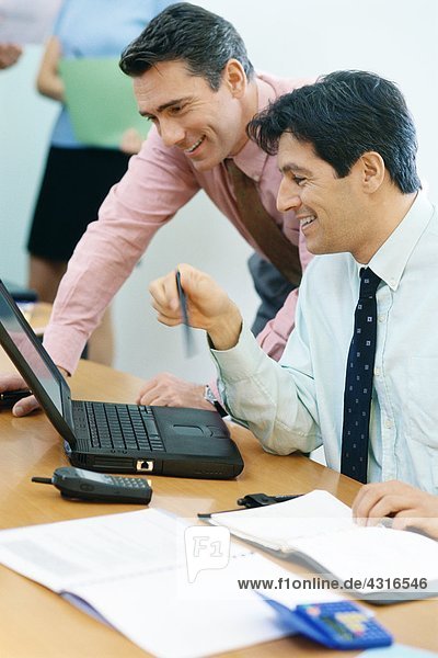 Business colleagues using laptop together  smiling
