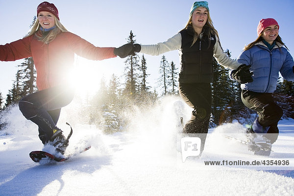 Drei junge Frauen auf Schneeschuhen genießen Sie die Natur in der Nähe von Homer  Alaska im Winter.