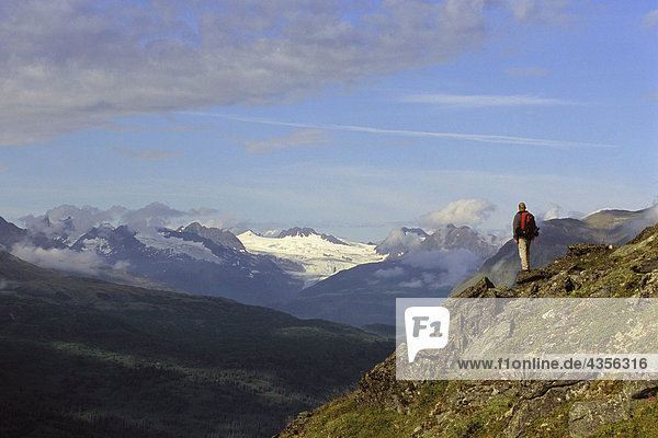 Hiker on Tundra Views Scene Thompson Pass SC AK Summer Chugach Mountains