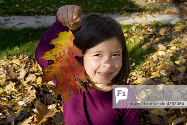 Junges Mädchen hält Eichenblatt drehen Farben im Herbst in Idaho  USA