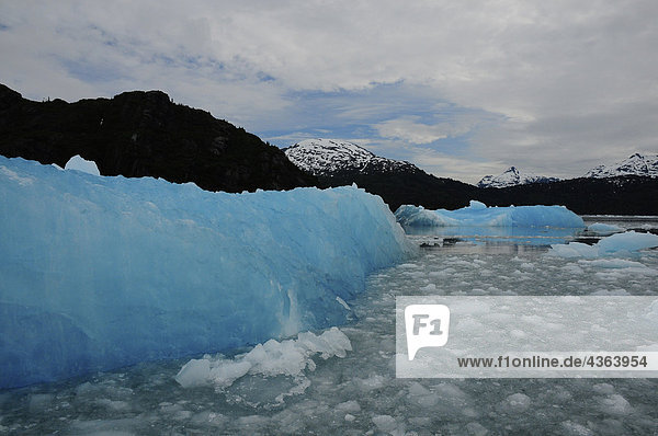 Ein großer Eisberg driftet vom Chenega Gletscher entfernt an einem bewölkten Tag  Prince William Sound  Kenai-Halbinsel  South Central Alaska  Sommer