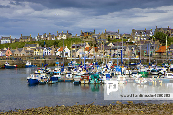Findochty  Great Britain  Scotland  Europe  sea  tides  low  ebb  tide  harbour  port  ships  sailing ships  fishing boats  village  houses  homes