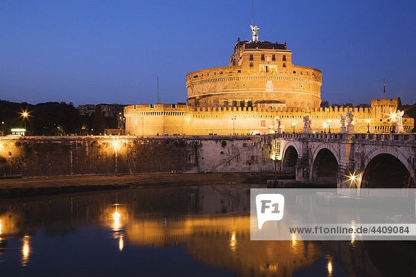 Italy  Rome  View of castle Sant Angelo with bridge and river at night