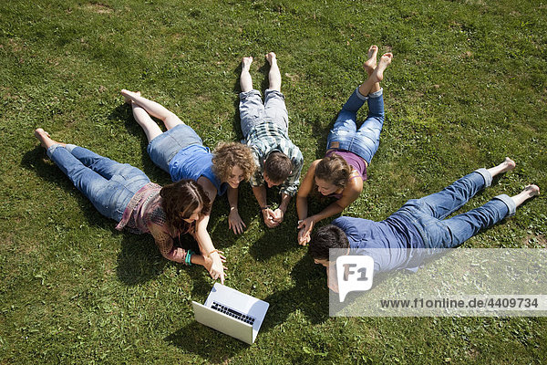 Mann und Frau auf Rasen liegend  diskutieren und benutzen Laptop