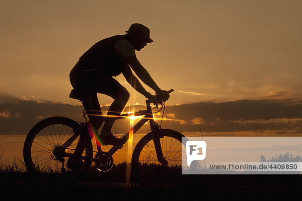 Germany  Lower Bavaria  Biker cycling bike at sunset