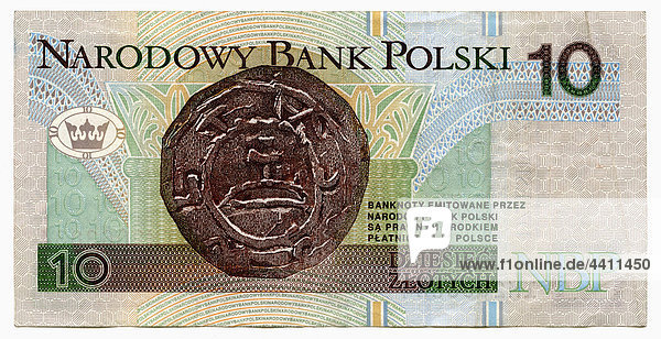 Back side of 10-zloty-bill against white background