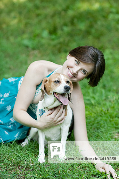Woman with her pet beagle
