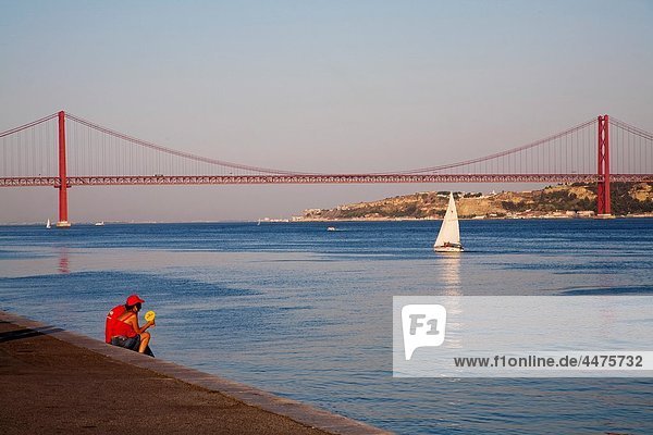 25 April Bridge at dawn  in Belem  Lisbon city  next to the mounth of Tagus river in Atlantic Ocean Portugal