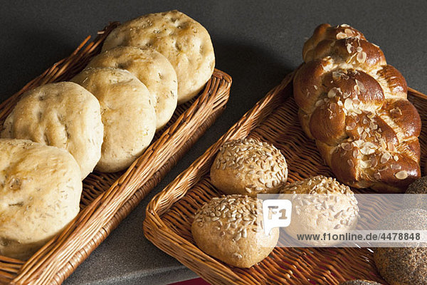The variety of bread offered in a bakery