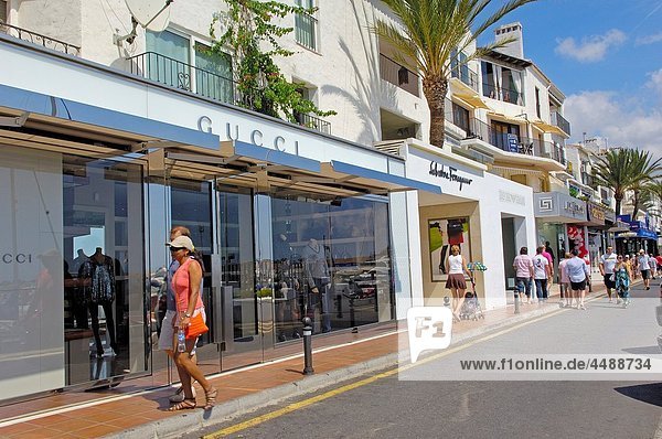 Luxury shops at the exclusive yacht harbour of Puerto Banús  Marbella  Costa del Sol Málaga province  Andalusia  Spain