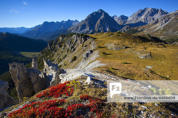 Felsbrocken Steilküste Herbst Aussichtspunkt sehen Kanton Graubünden Schweiz
