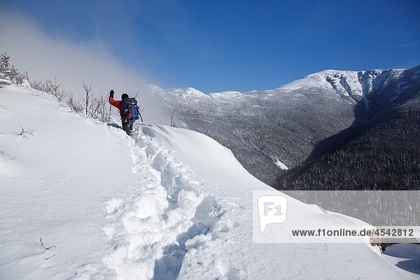 Ascending the Old Bridle Path during the winter months in the White Mountains  New Hampshire USA  a winter hiker breaks trail while wearing snowshoes Blowing snow can be seen