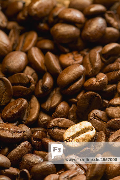 Kaffeebohnen mit einer goldenen Bohne Nahaufnahme