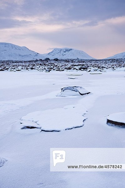 Winter ice of frozen pond on Rannoch Moor  Highlands  Scotland