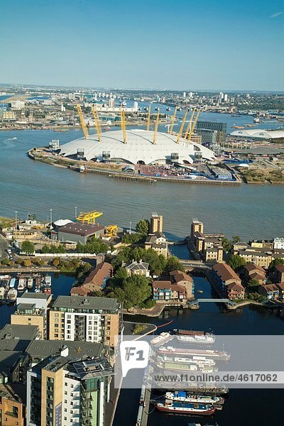 View of London skyline looking towards Poplar Wharf and Marina  O2 Arena and Thames Barrier  Canary Wharf  London  England  UK