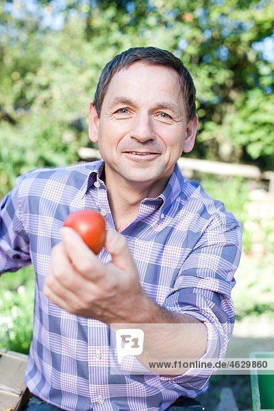 Reifer Mann mit Tomate  Porträt