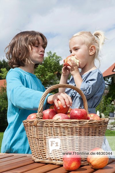 Mädchen (2-3 Jahre) und Junge (10-11 Jahre) beim Äpfelessen