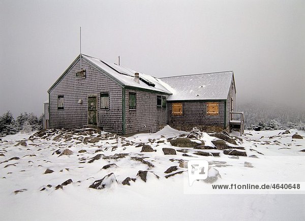 Appalachian Trail-Greenleaf Hut in white out conditions Located on Greenleaf trail headed up to Mount Lafayette  which is in the White Mountain National Forest of New Hampshire  USA Notes: On a clear day Mount Lafayette can be see in the background
