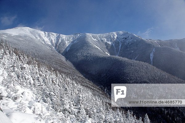 Franconia Ridge from the Old Bridle Path during the winter months in the White Mountains  New Hampshire USA Strong winds cause blowing snow in the scene Mount Lafayette is on the left and Mount Lincoln is on the right