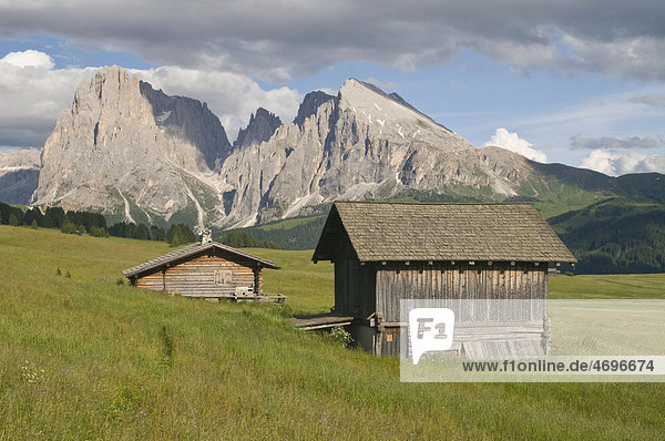 Almhütten vor Plattkofel und Langkofel  Seiser Alm  Dolomiten  Südtirol  Italien  Europa