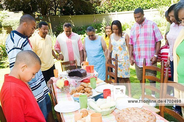 Family holding hands at picnic