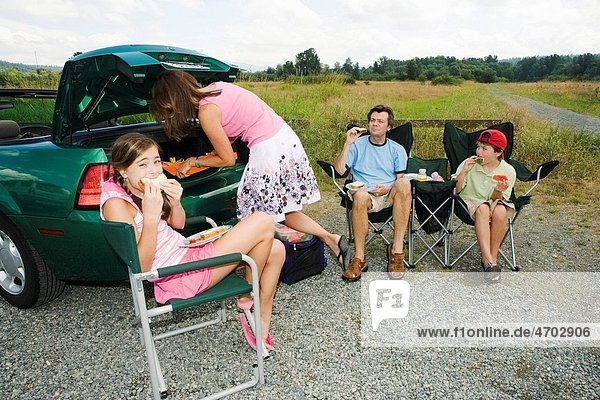 Family eating picnic lunch outside car