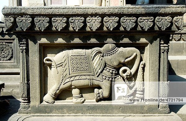 Beautiful carving of elephant on temple wall of Maheshwar Madhya Pradesh India