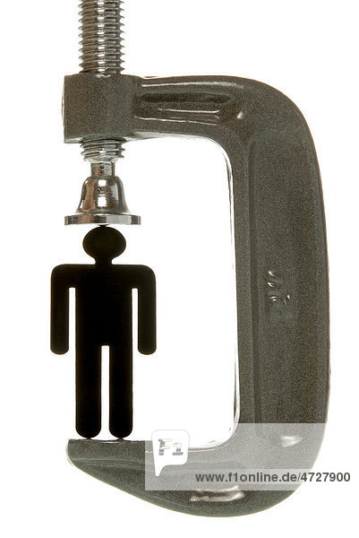 Kleine schwarze Männerfigur in Schraubklemme  Symbolbild für Leistungsdruck