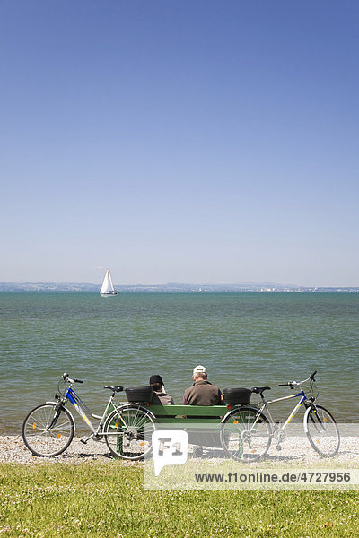 Cyclists at the waterfront of Lake Constance near Langenargen  Lake Constance  Baden-Wuerttemberg  Germany  Europe