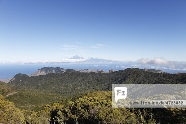 Bewaldete Berge im Nationalpark Garajonay  Blick vom Berg Garajonay  höchster Punkt von La Gomera  hinten Teneriffa  Kanaren  Spanien  Europa