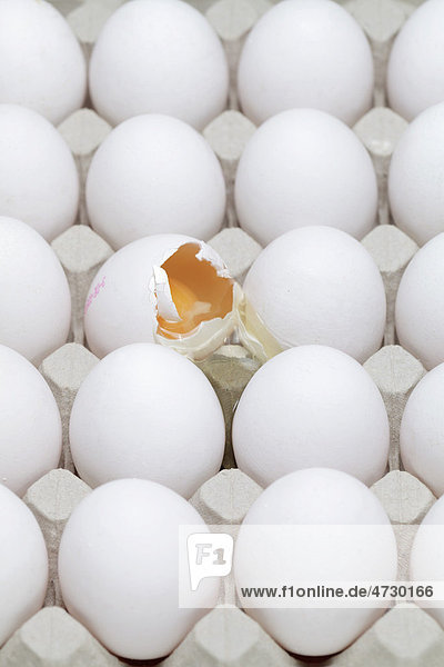 Ein zerbrochenes Ei und ganze Eier in Eierkarton
