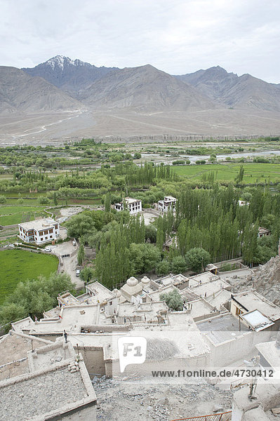 Industal Tal Fluss Indus tibetischer Buddhismus Blick von oben auf Kloster Spituk Gompa bei Leh Distrikt Ladakh Bundesstaat Jammu und Kaschmir Indien Südasien Asien