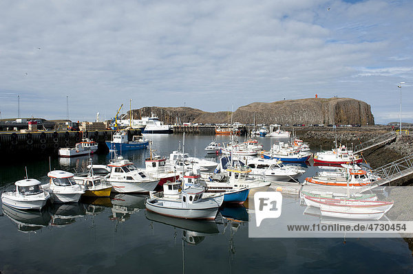Hafen  Schäre Stykki_ mit Booten  dahinter die Insel S_gandisey  StykkishÛlmur  Stykkisholmur  Õsland  Island  Skandinavien  Nordeuropa  Europa