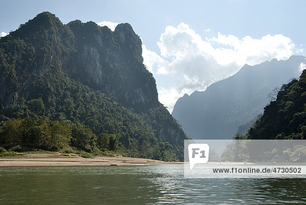 Karst landscape  forested mountains on the Nam Ou River in Muang Ngoi Kao  Luang Prabang province  Laos  Southeast Asia  Asia