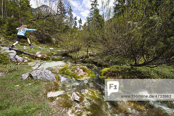 Biking tour at the origin of the Isar River in Hinterautal  Karwendel Mountains  Alps  Austria  Europe