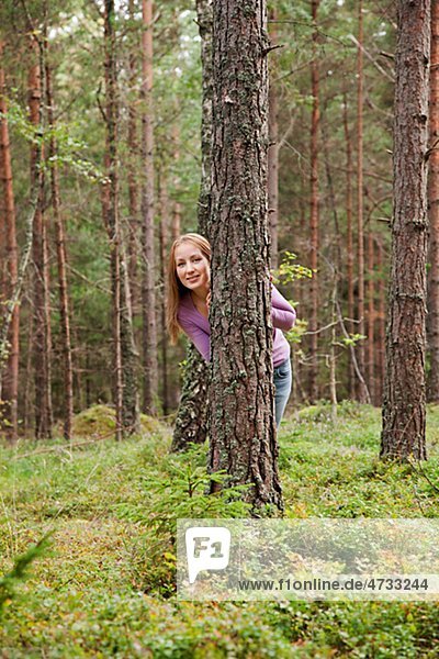 hinter junge Frau junge Frauen verstecken Baum Wald