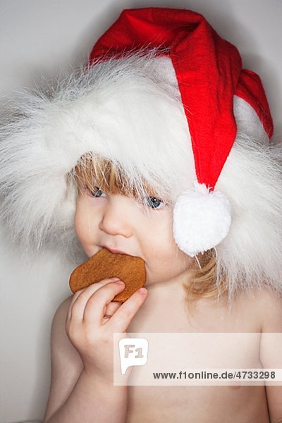 Boy wearing santa hat  eating biscuit