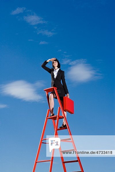 Businesswoman with red briefcase standing on top of red ladder against blue sky and shielding eyes
