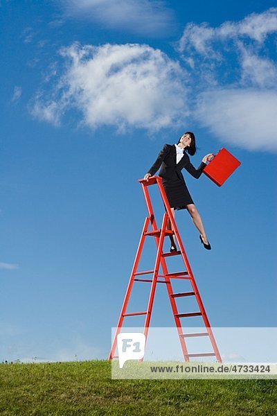 Businesswoman with red briefcase standing on ladder