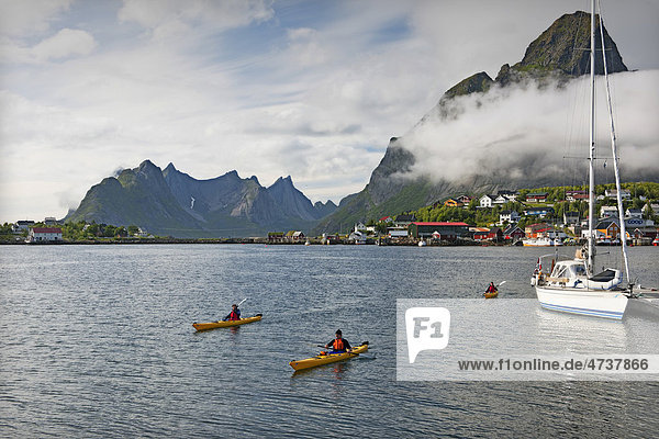 Kayakers  Reine  Lofoten  Norway  Scandinavia  Europe