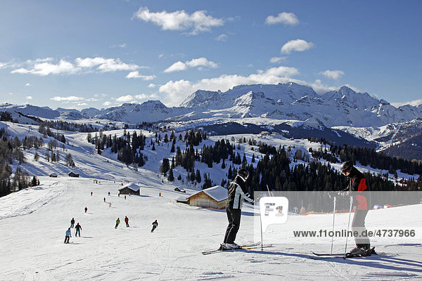 Ski area  La Villa  Alta Badia  in front of Marmolada Mountain  Dolomites  Italy  Europe