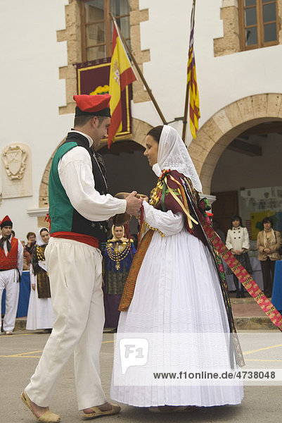 Couple in traditional costume performing folklore dance  Ibiza  Spain  Europe