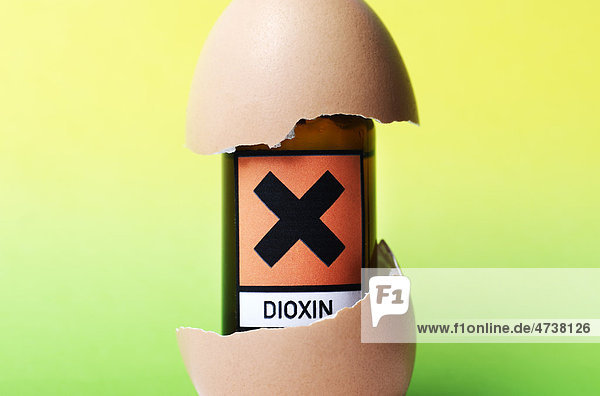 Flasche mit Gefährdungszeichen und Aufschrift Dioxin in Eierschale  Symbolbild  Dioxinbelastung bei Hühnereiern