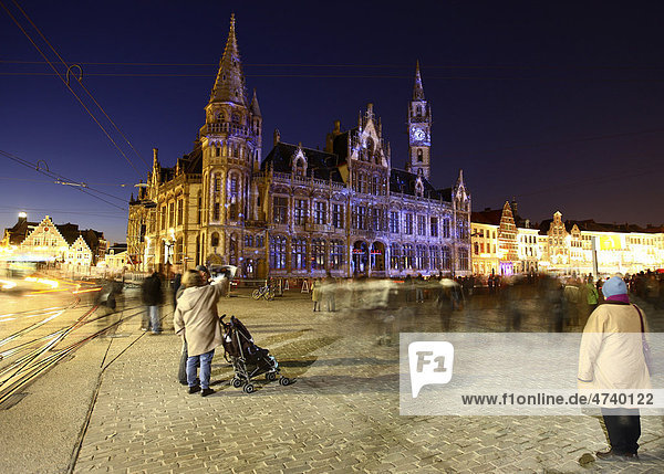 Moving projections on the Post Plaza at Korenmarkt square  Lights Festival Ghent  East Flanders  Belgium  Europe