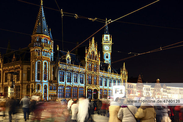 Moving projections on the Post Plaza building on Korenmarkt square  Ghent Light Festival  East Flanders  Belgium  Europe