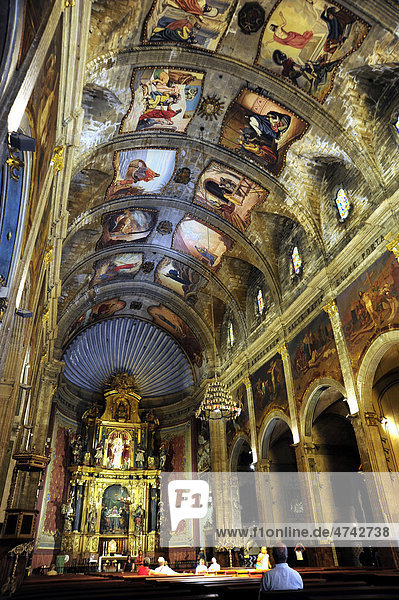 Altar  interior decoration and ceiling painting in the church Nostra Senyora dels Angels  Pollensa  Pollenca  Majorca  Balearic Islands  Mediterranean  Spain  Europe