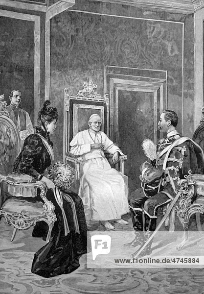 The German Emperor and Empress visiting Pope Leo XIII in Rome  historical illustration circa 1893