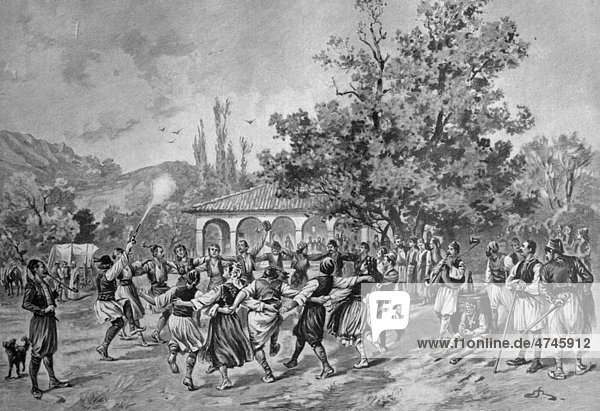 Fest vor einer Dorfschenke in Serbien  historisches Bild ca. 1893